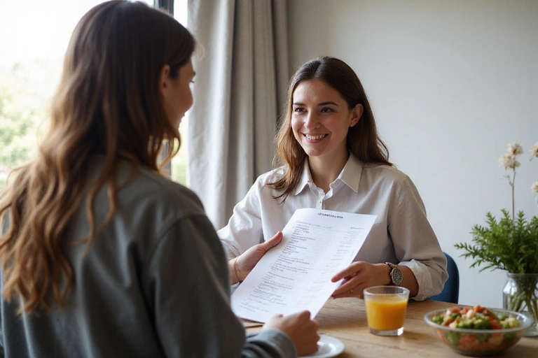 Nutrizionista che spiega un piano alimentare a un cliente in un ambiente accogliente.