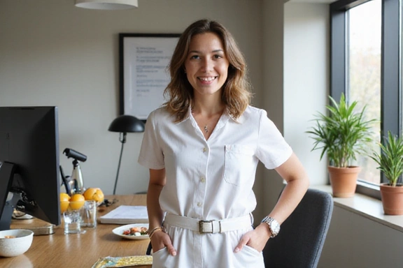Nutrizionista che sorride in piedi accanto alla sua scrivania nel suo studio.