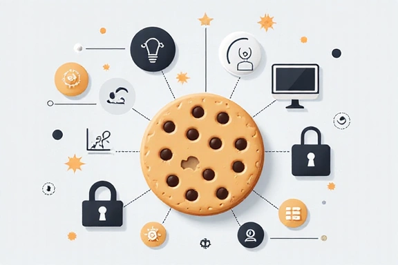Illustrazione di un cookie digitale con icone di privacy e sicurezza