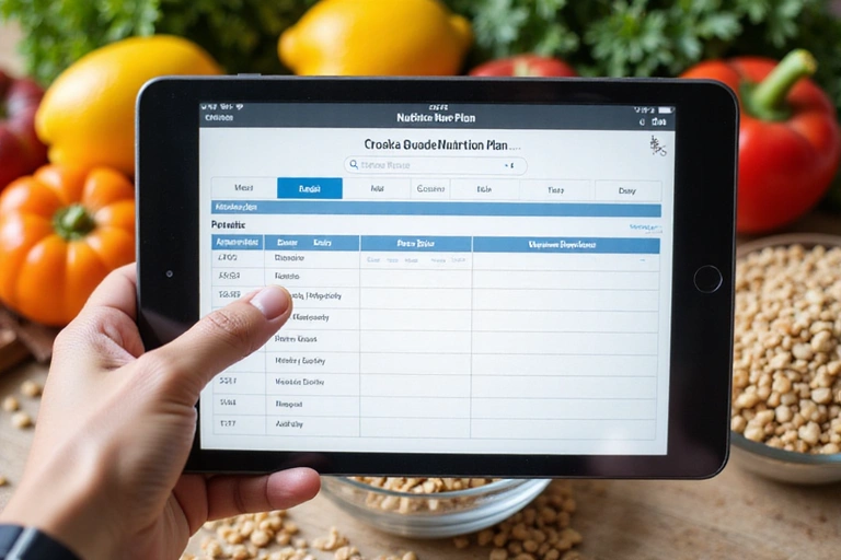 Mano che indica un piano alimentare personalizzato su un tablet, con ingredienti freschi sullo sfondo.